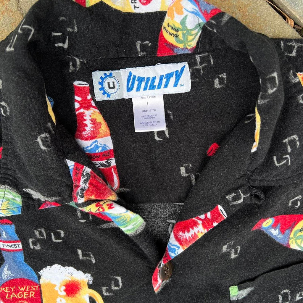Black Short Sleeve Beer Pattern Button Down Shirt