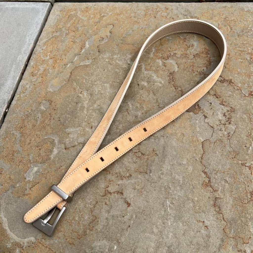 Vintage 90s Italian Leather Tan/Pale Purple Stitch+Edge Belt