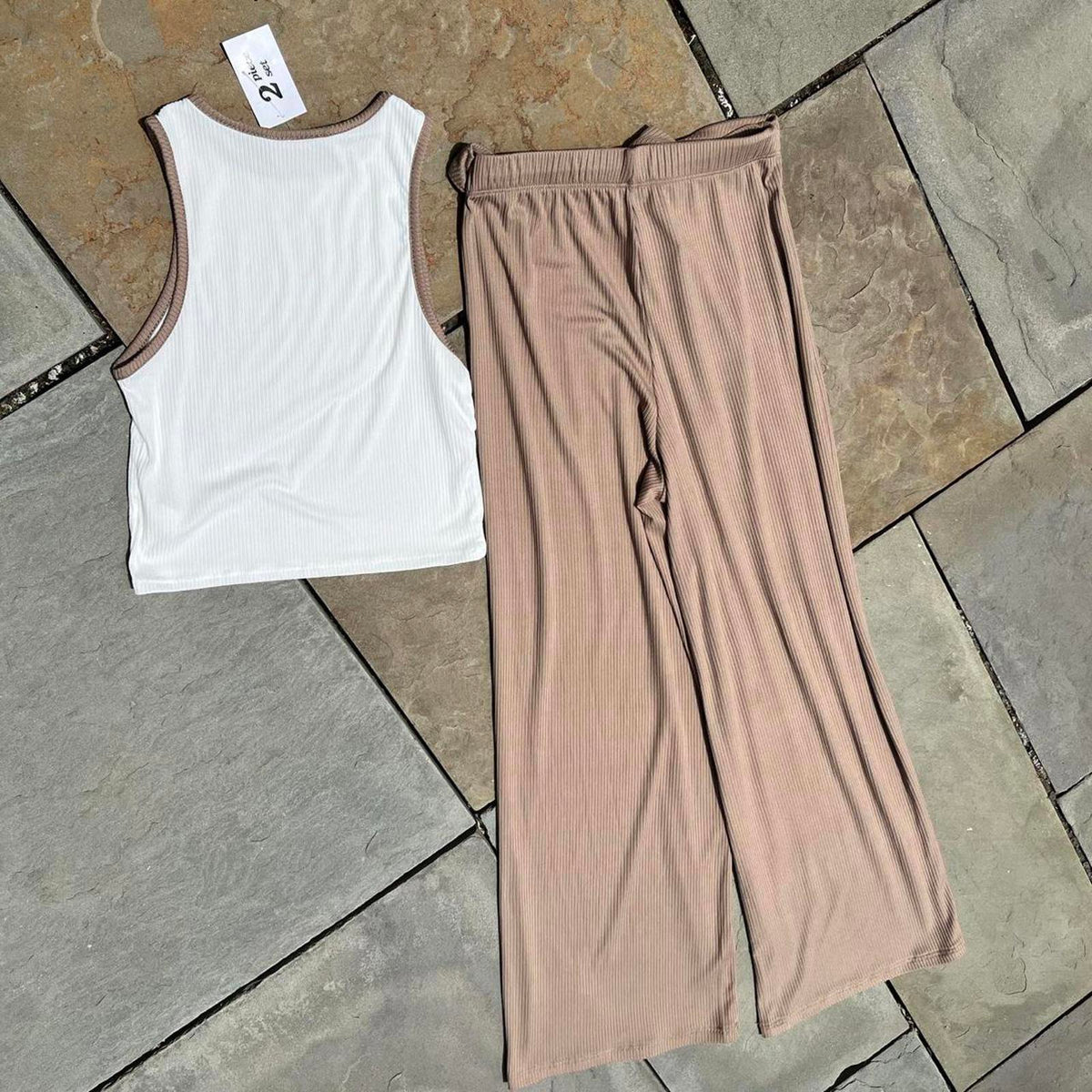 NWT 2 Piece White/Brown Tank Top + Flowy Pants Made in USA