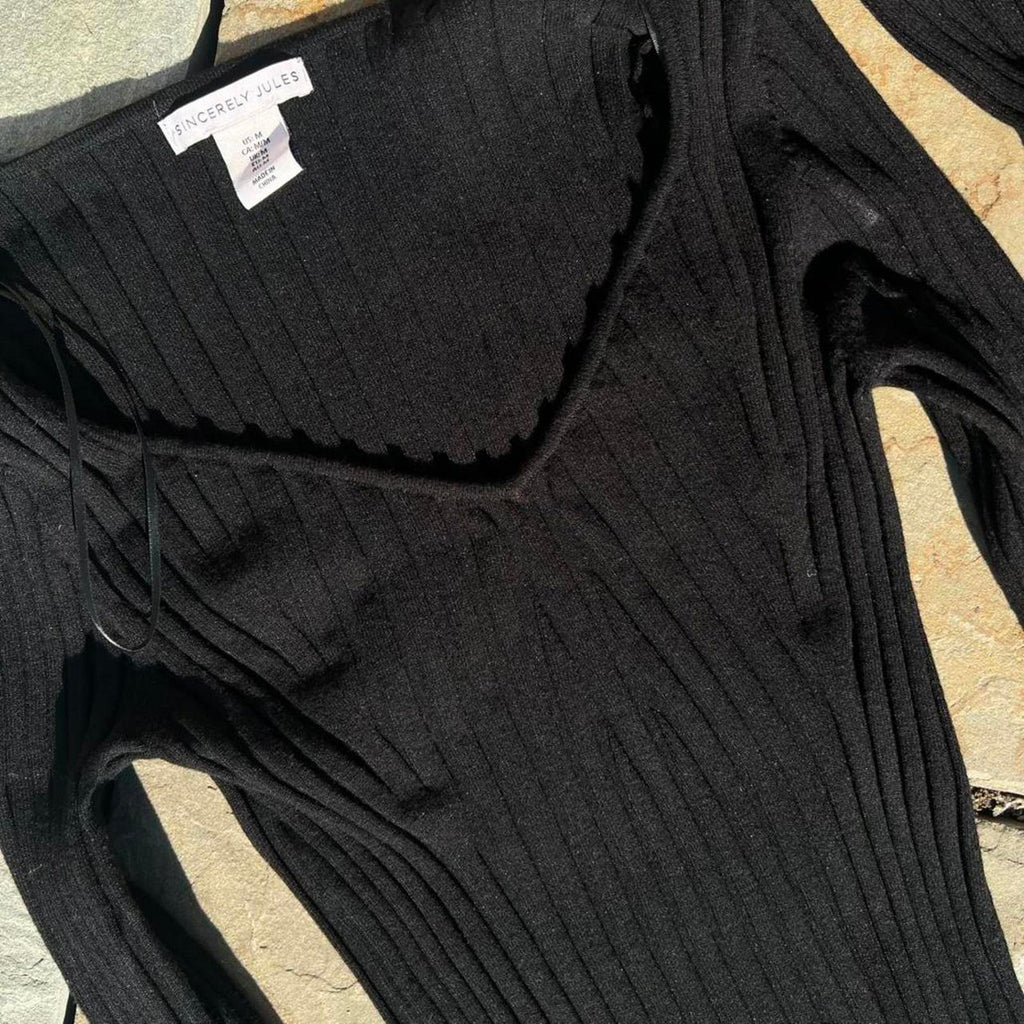2 Piece Vertical Texture Knit V-Neck Sweater Split Skirt Set