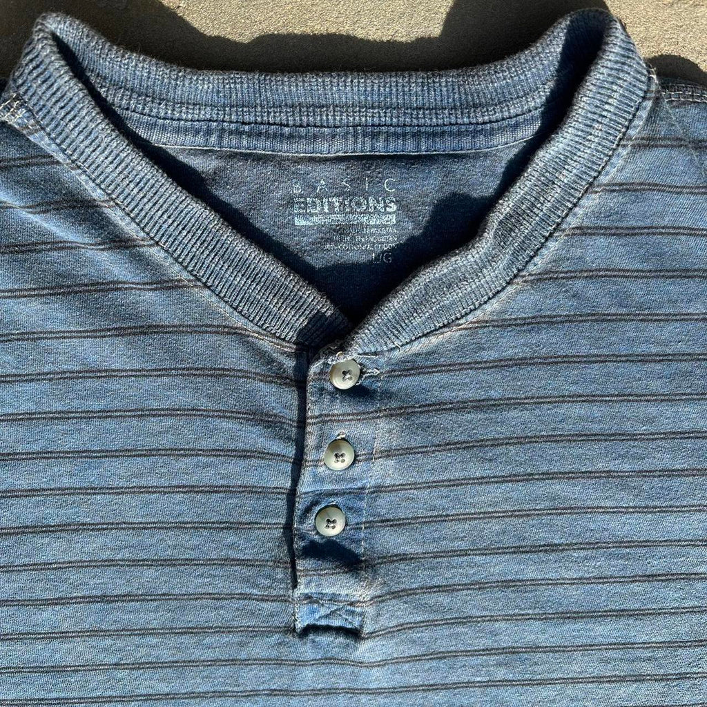 Y2K Blue Tan Overdyed Reworked Striped Henley