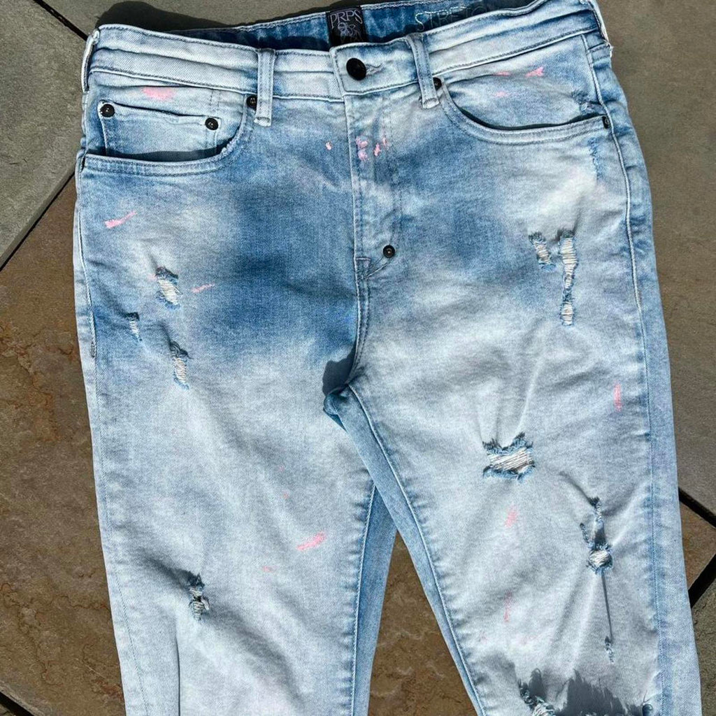 Distressed Pink Paint Splatter Ripped Light Wash Slim Jeans