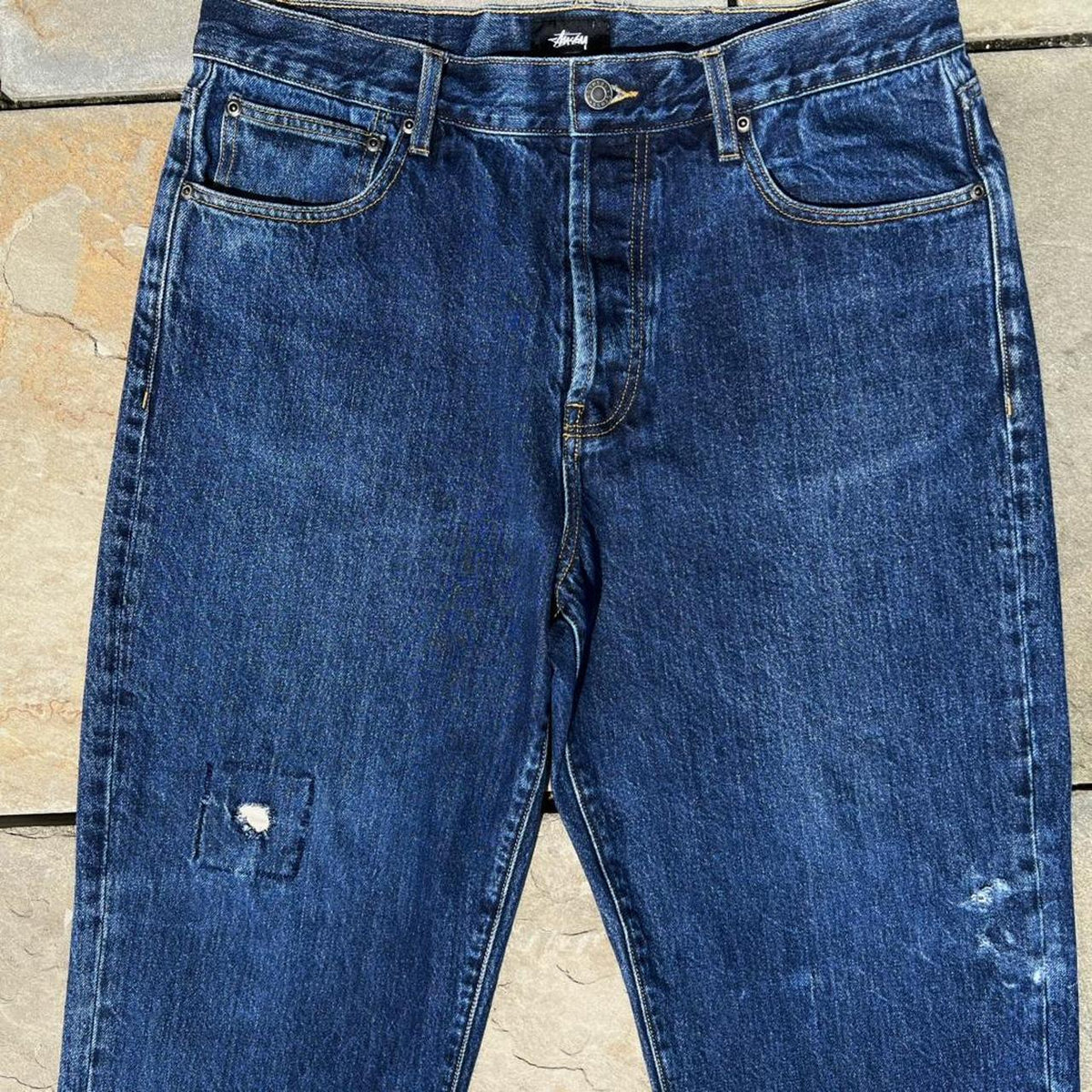 Stussy Distressed Patched Washed Indigo Big Ol’ Jeans