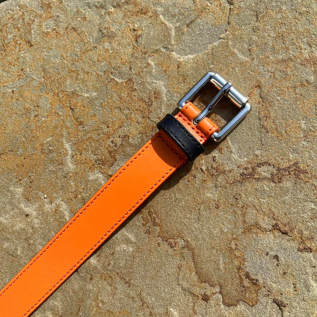 NWT Orange Tan Navy Colorblock Leather Belt Made in Italy