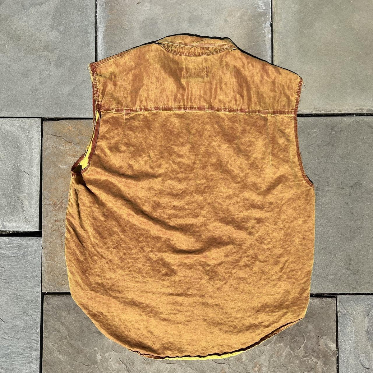 Vintage 90s Brown Yellow Cutoff Sleeve Silk/Linen Vest