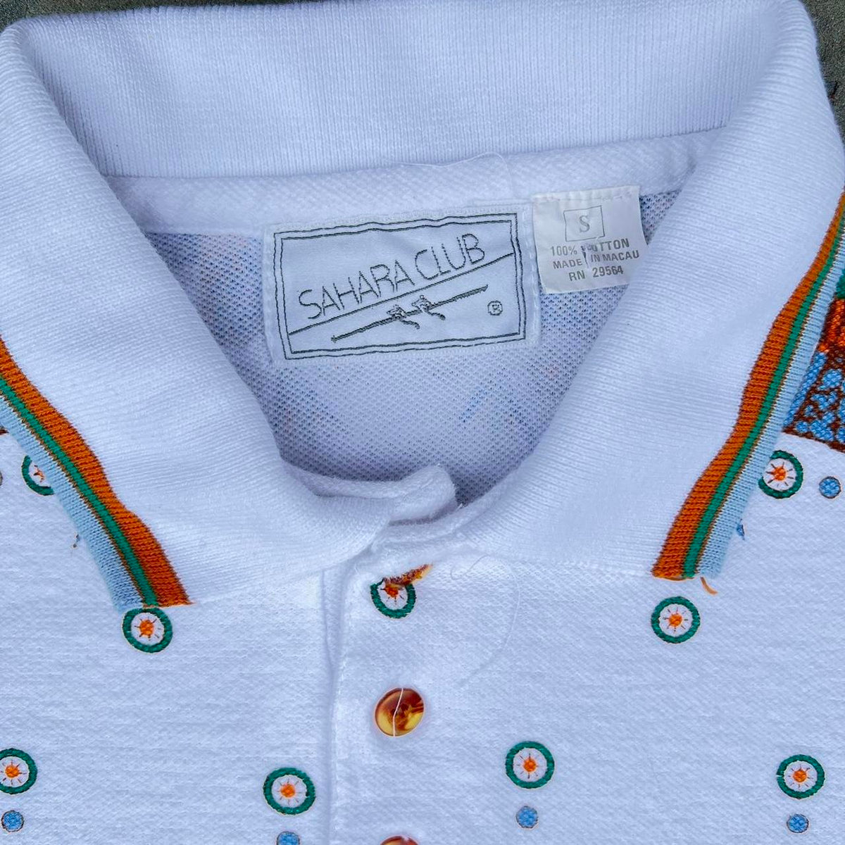 Vintage 80s Sahara Pattern White Polo Shirt