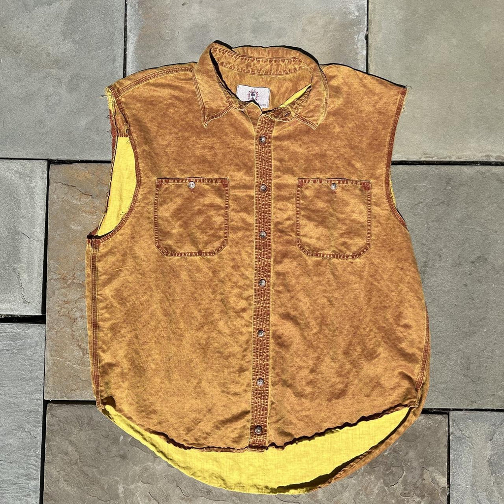 Vintage 90s Brown Yellow Cutoff Sleeve Silk/Linen Vest