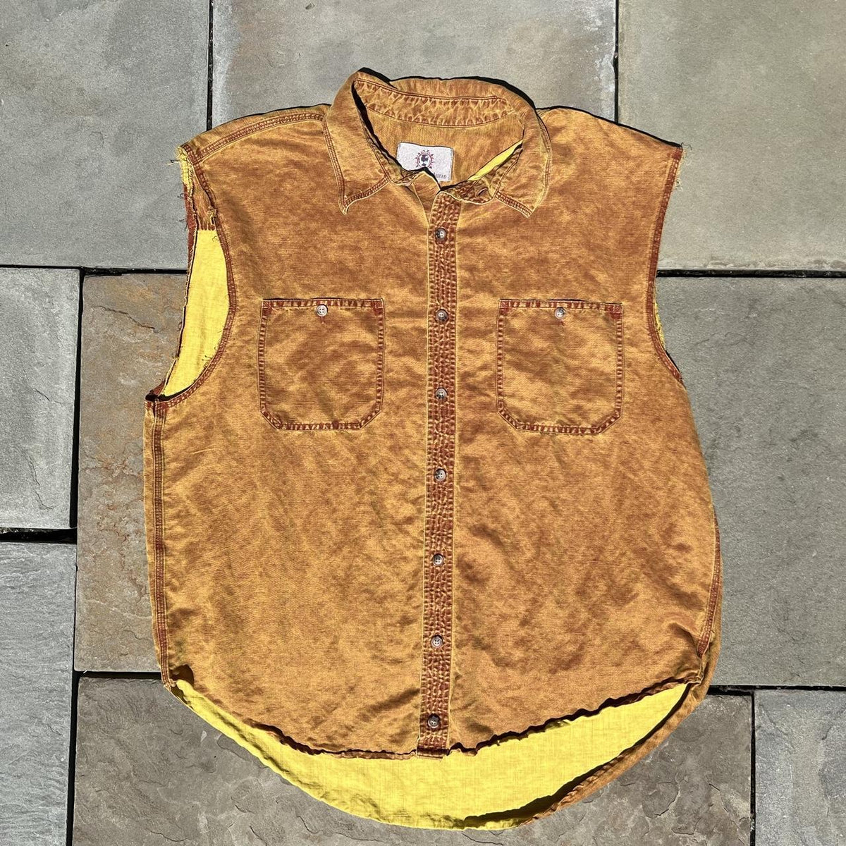 Vintage 90s Brown Yellow Cutoff Sleeve Silk/Linen Vest