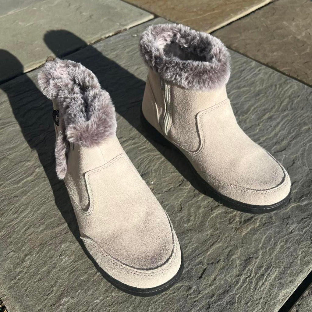 Cream Suede Faux Fur Collar Water Repellant Boots