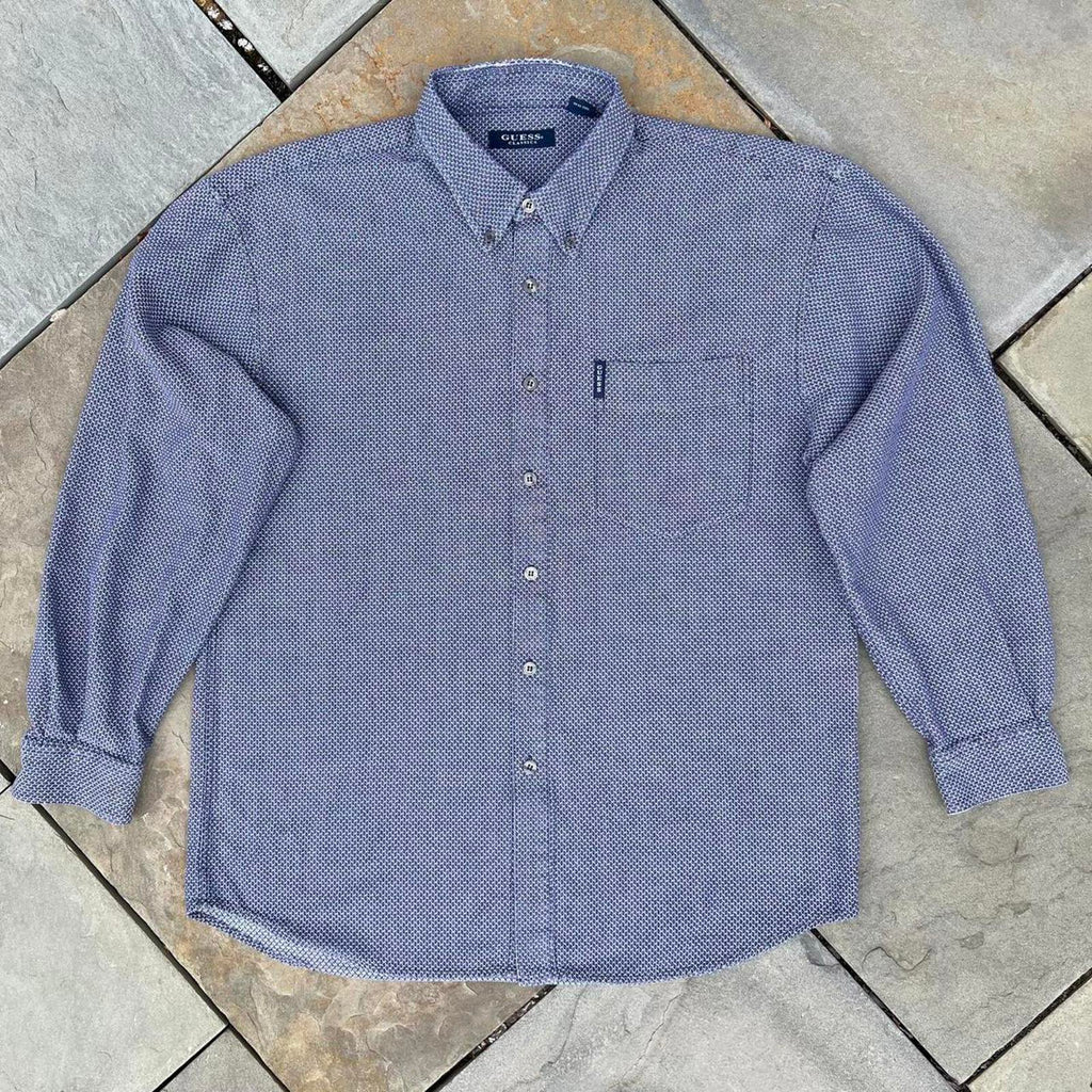 Vintage 90s Guess Designer Blue Knit Pattern Button Down