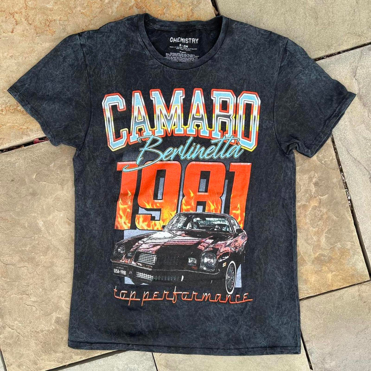 GM 1981 Chevy Camaro Berlinetta Black Acid Wash T-shirt