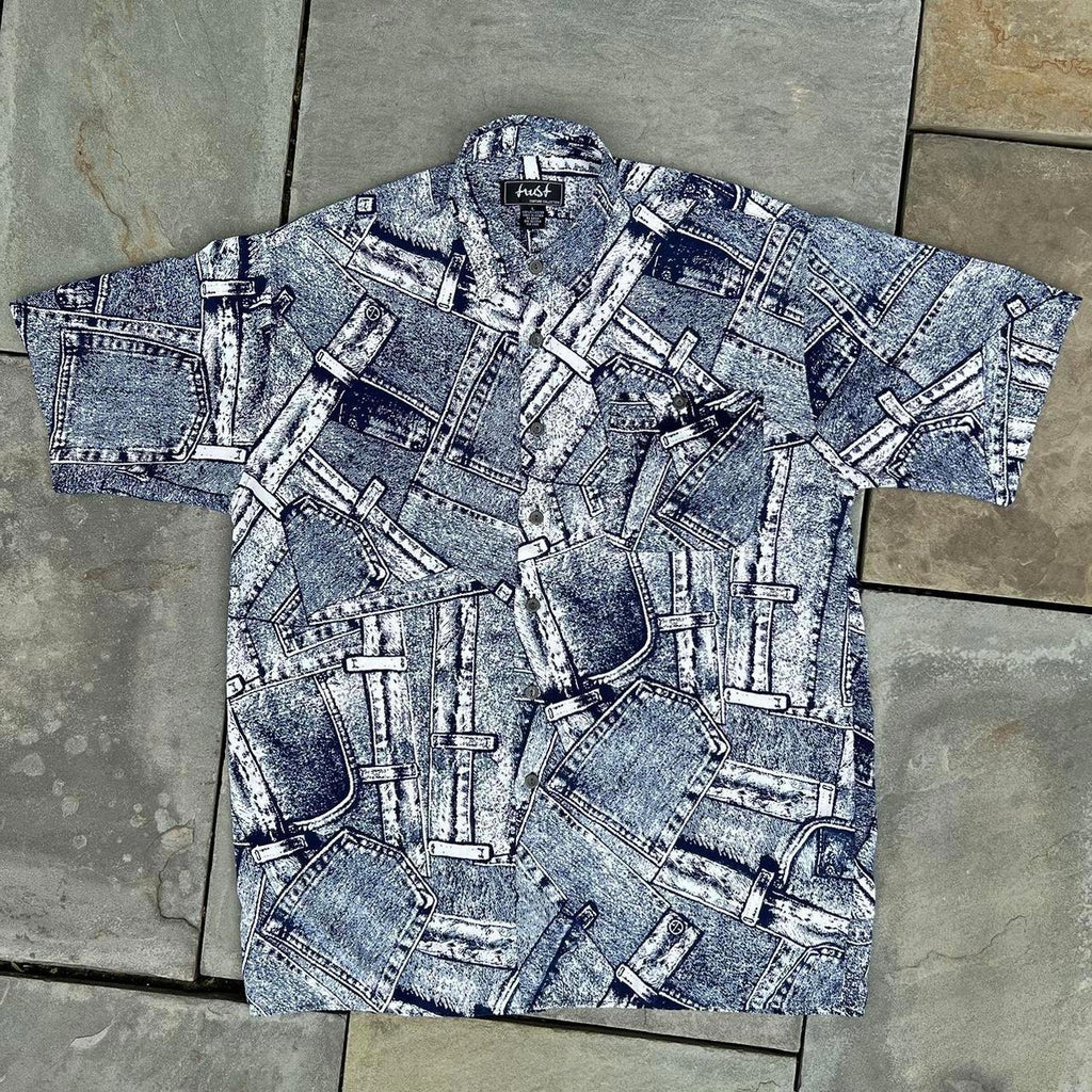Vintage 90s Trompe L’oeil Jeans Pattern Club Shirt