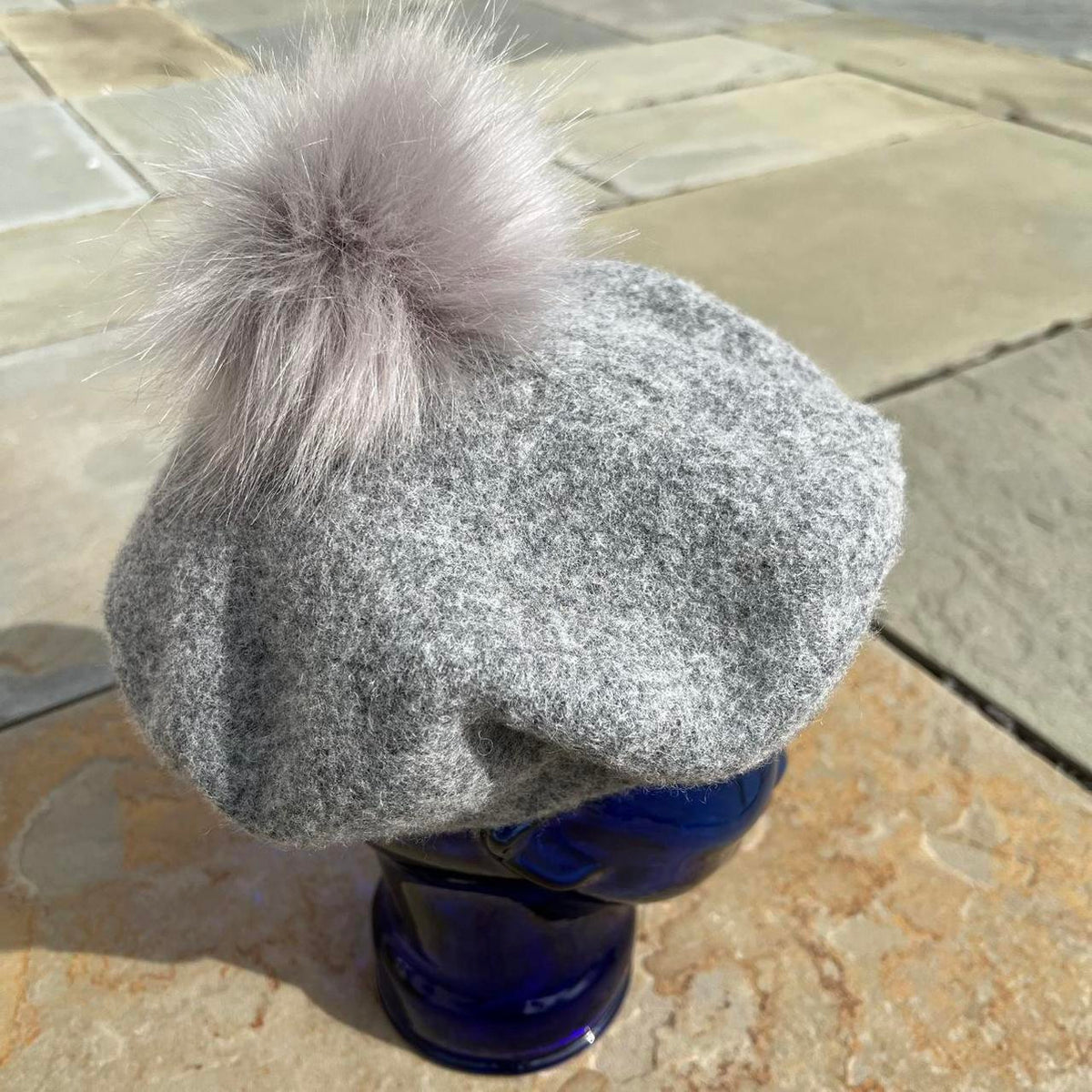 Wool Blend Grey Beret Poof Hat