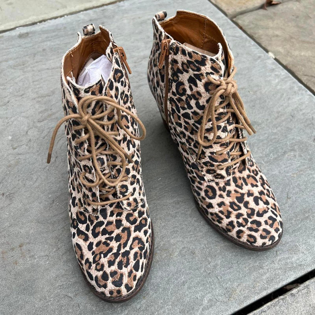 Leopard Lace Up Wedge Heel Ankle Boots