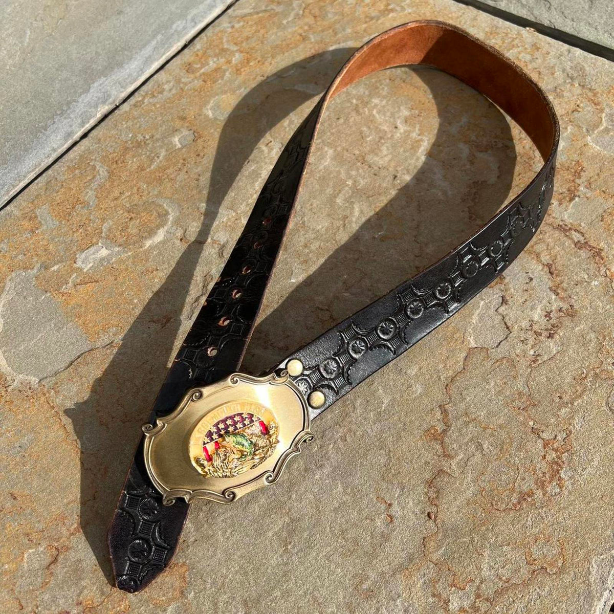 Vintage 70s Fishing Buckle Embossed Black Leather Belt