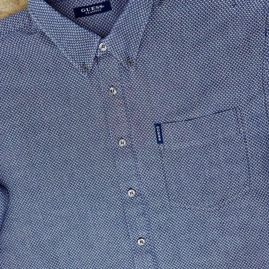Vintage 90s Guess Designer Blue Knit Pattern Button Down