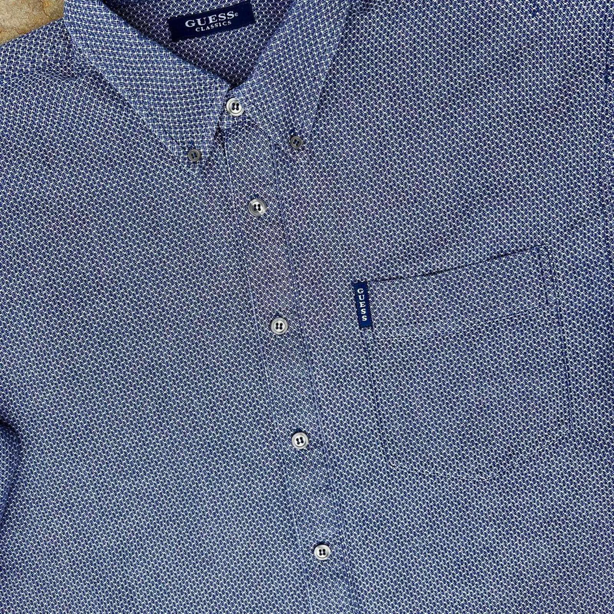Vintage 90s Guess Designer Blue Knit Pattern Button Down