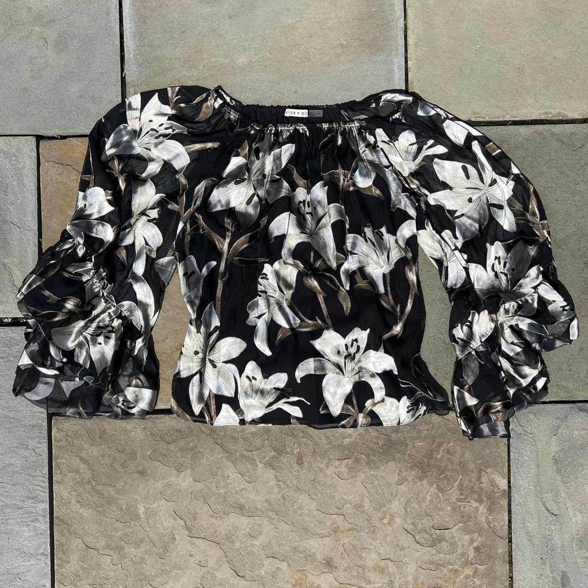 Alice + Olivia Silk Blend Ardelia Floral Off Shoulder Blouse
