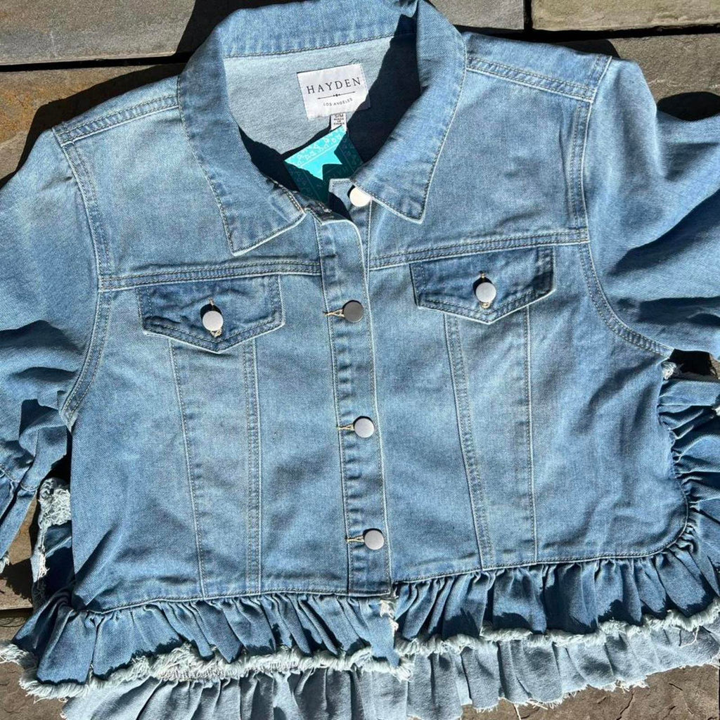 NWT Stonewashed Denim Ruched Frill Jacket