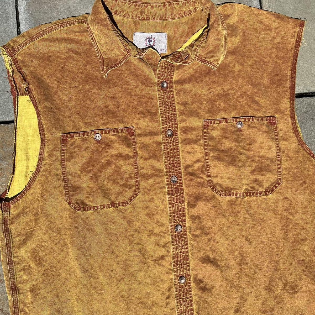 Vintage 90s Brown Yellow Cutoff Sleeve Silk/Linen Vest