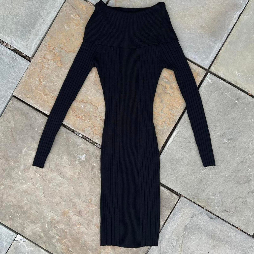 Black Vertical Knit Open Shoulder Sweater Midi Dress
