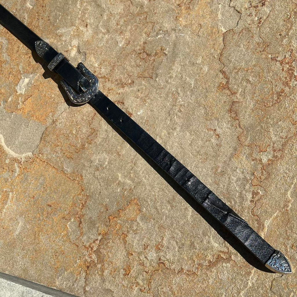 Black Double Buckle Black Faux Leather Metal Tipped Belt