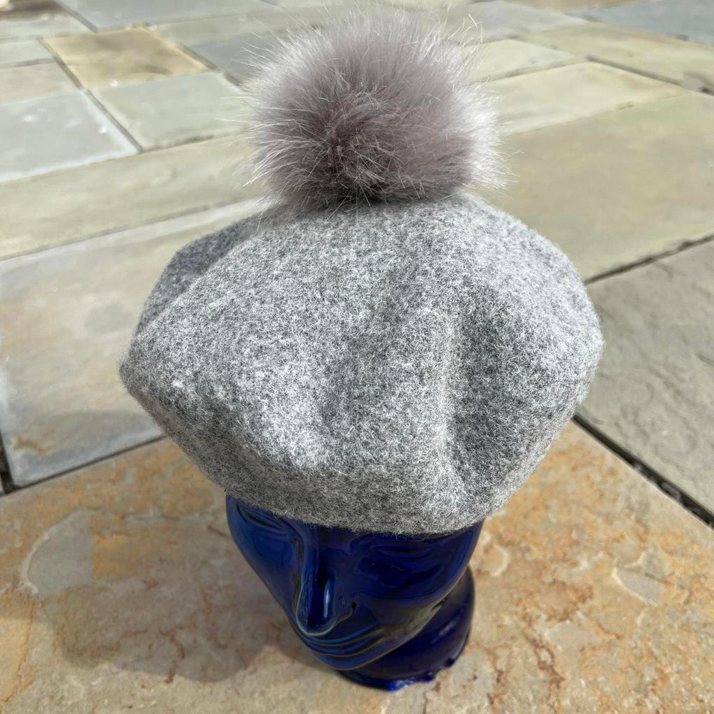 Wool Blend Grey Beret Poof Hat
