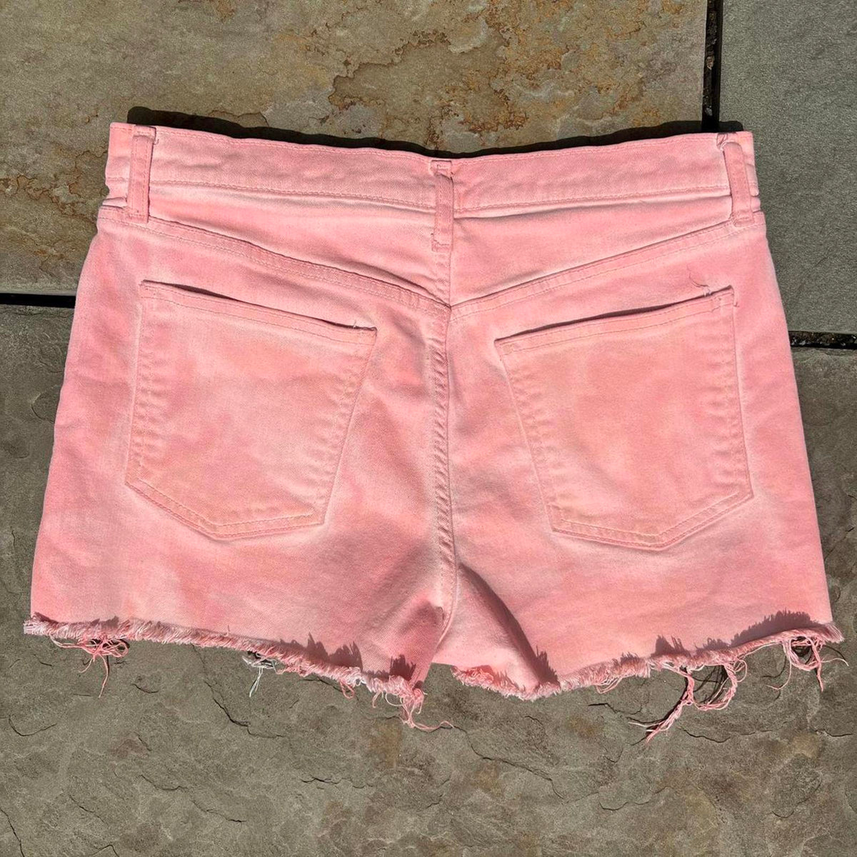 Pink Peach Overdyed Reworked Frayed Denim Shorts