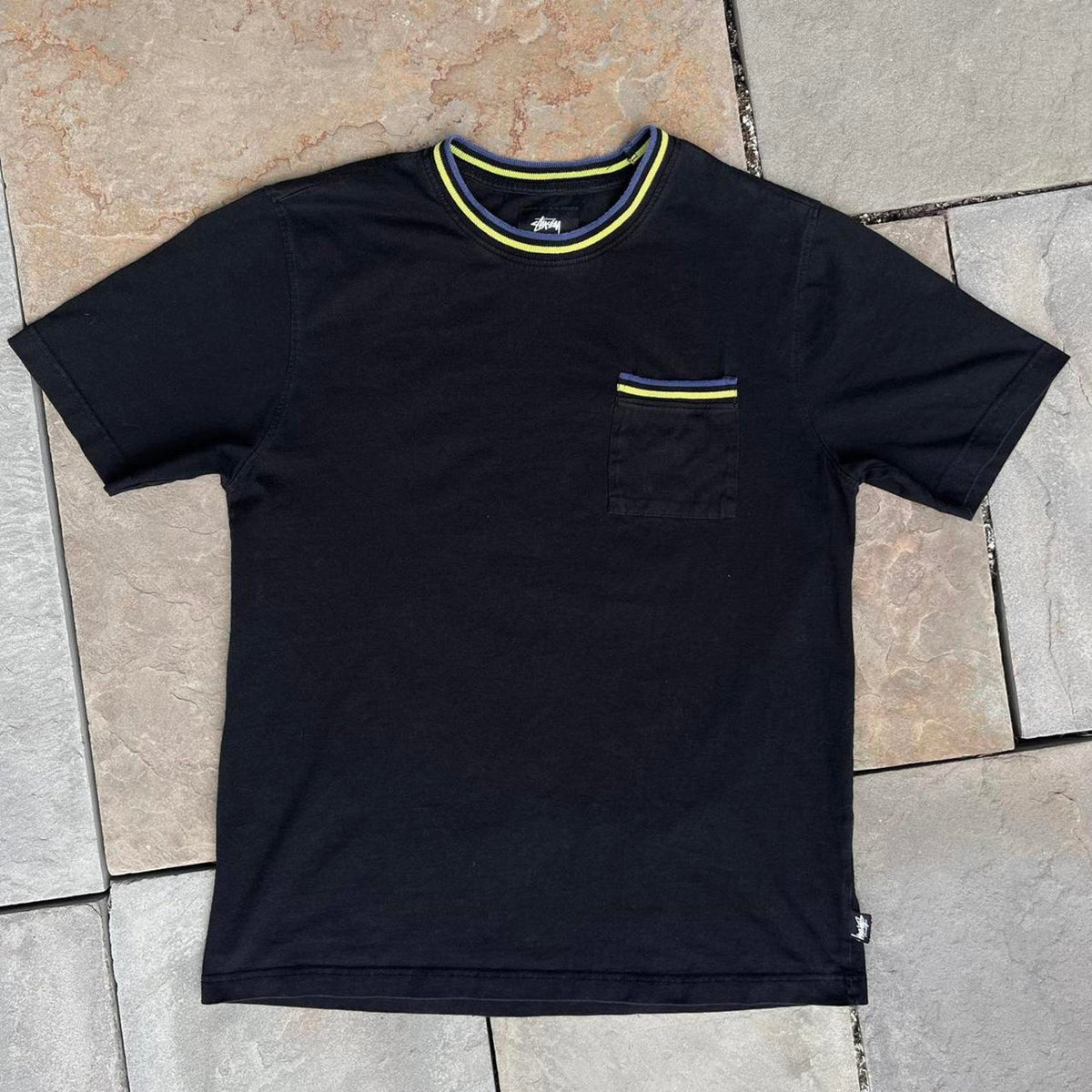 Black Stüssy Jacquard Green Blue Trim Pocket T-shirt
