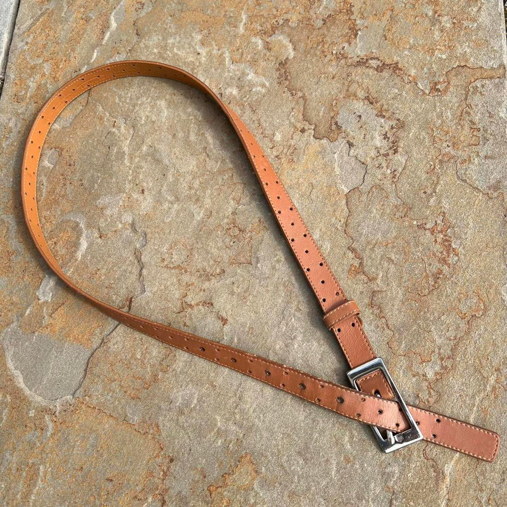 Y2K Light Brown Leather Hole Punch Design Belt Made in Italy