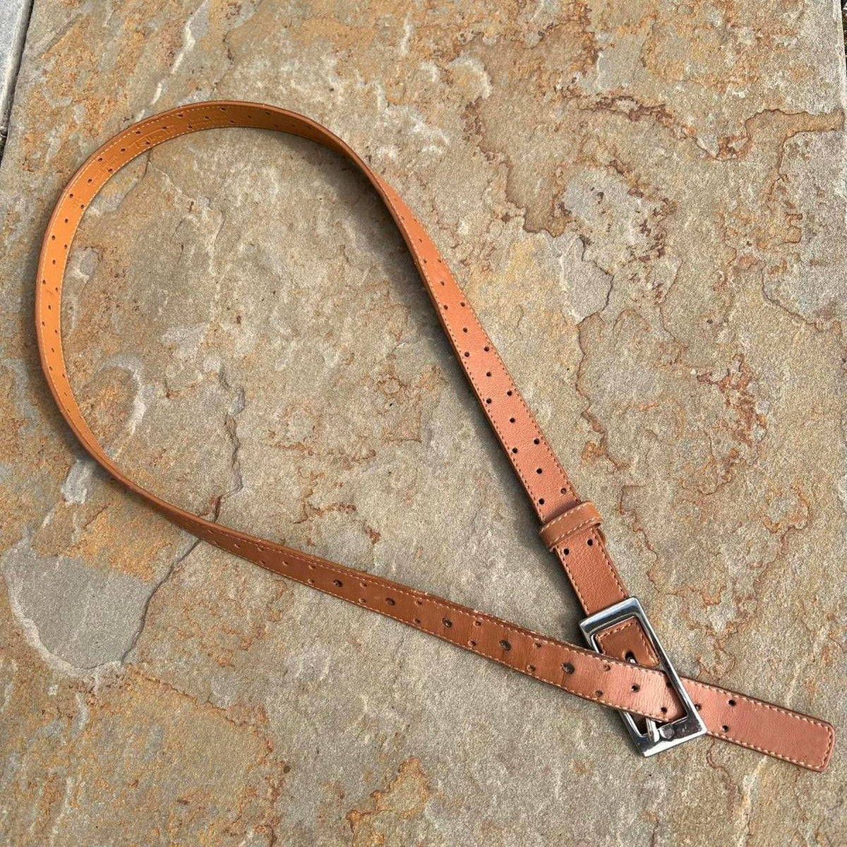 Y2K Light Brown Leather Hole Punch Design Belt Made in Italy