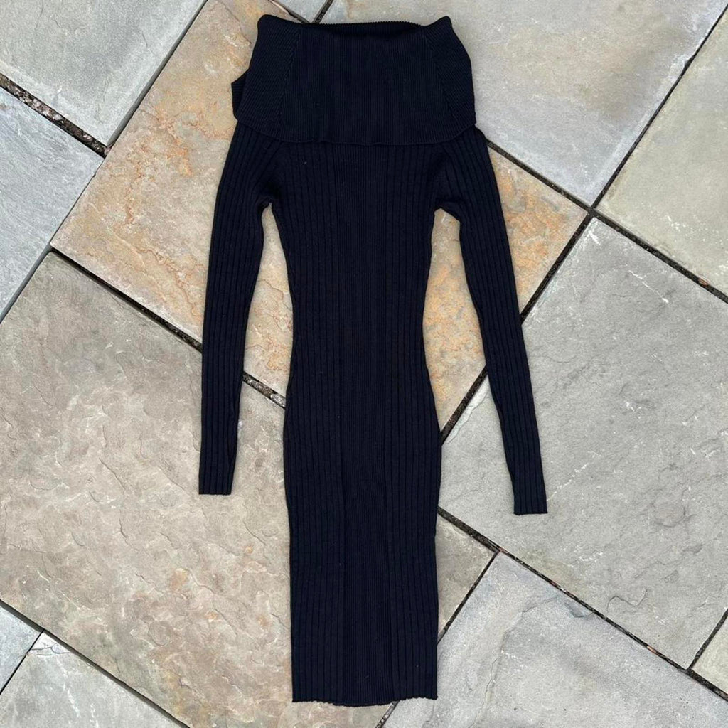 Black Vertical Knit Open Shoulder Sweater Midi Dress