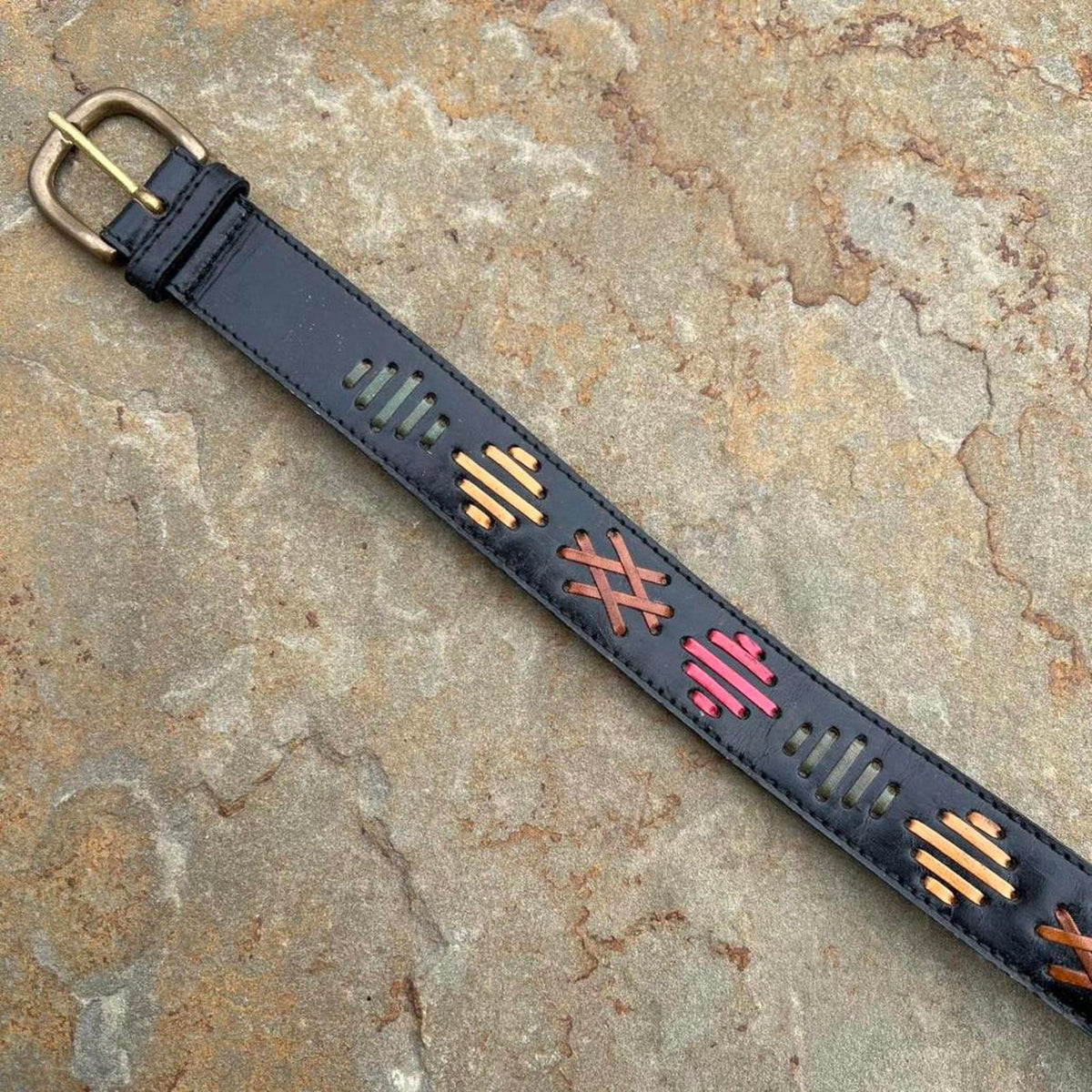 Neo-Vintage 90s Leather Multi-color Woven Design Black Belt