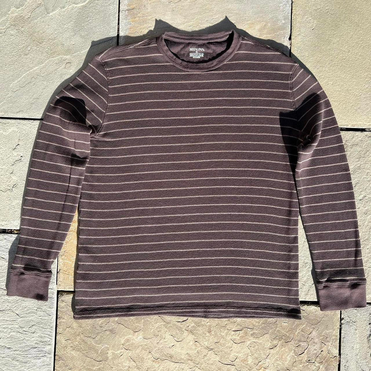 Brown Tan Striped Waffle Knit Thermal