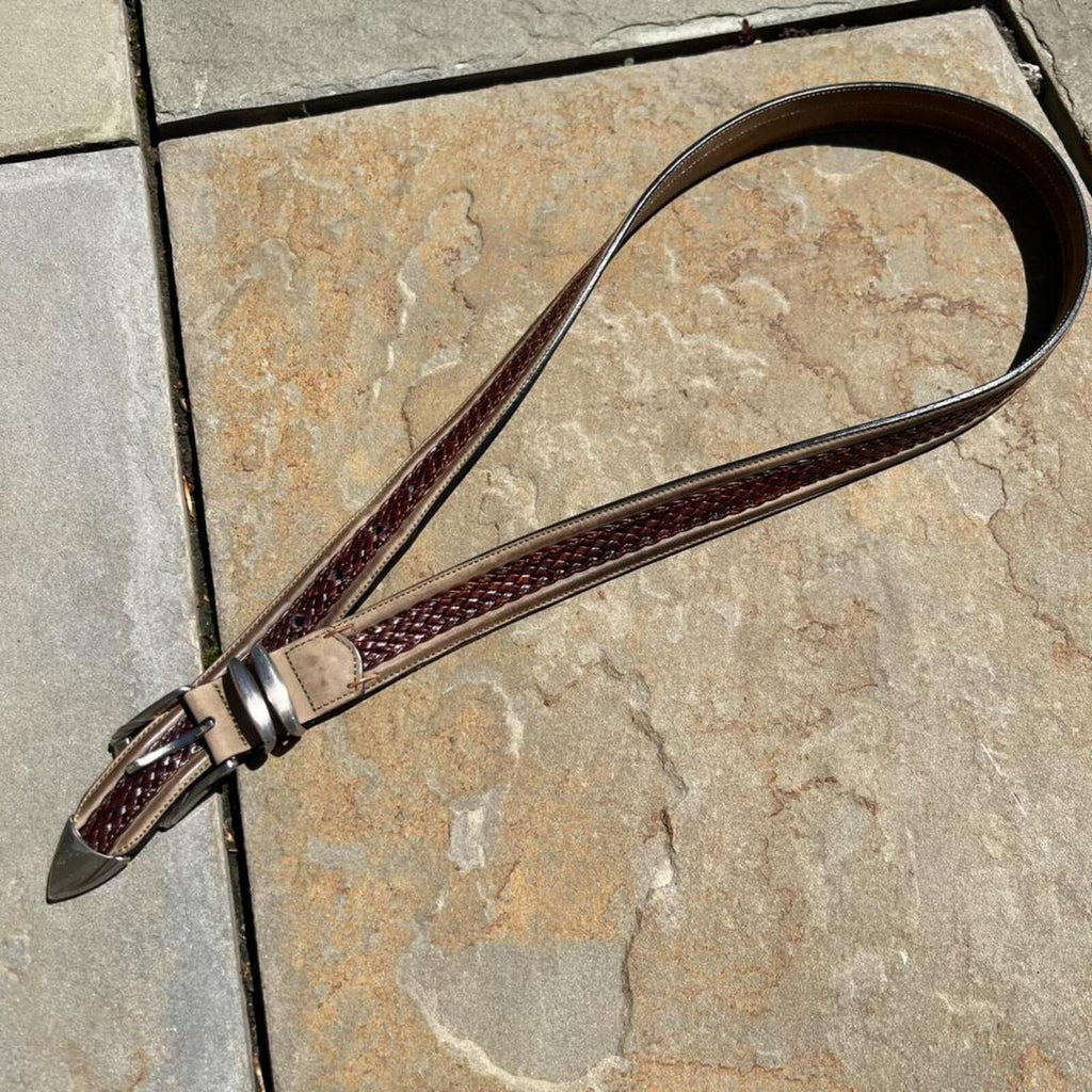 Y2K Tan + Brown Two Tone Leather Metal Tip Belt