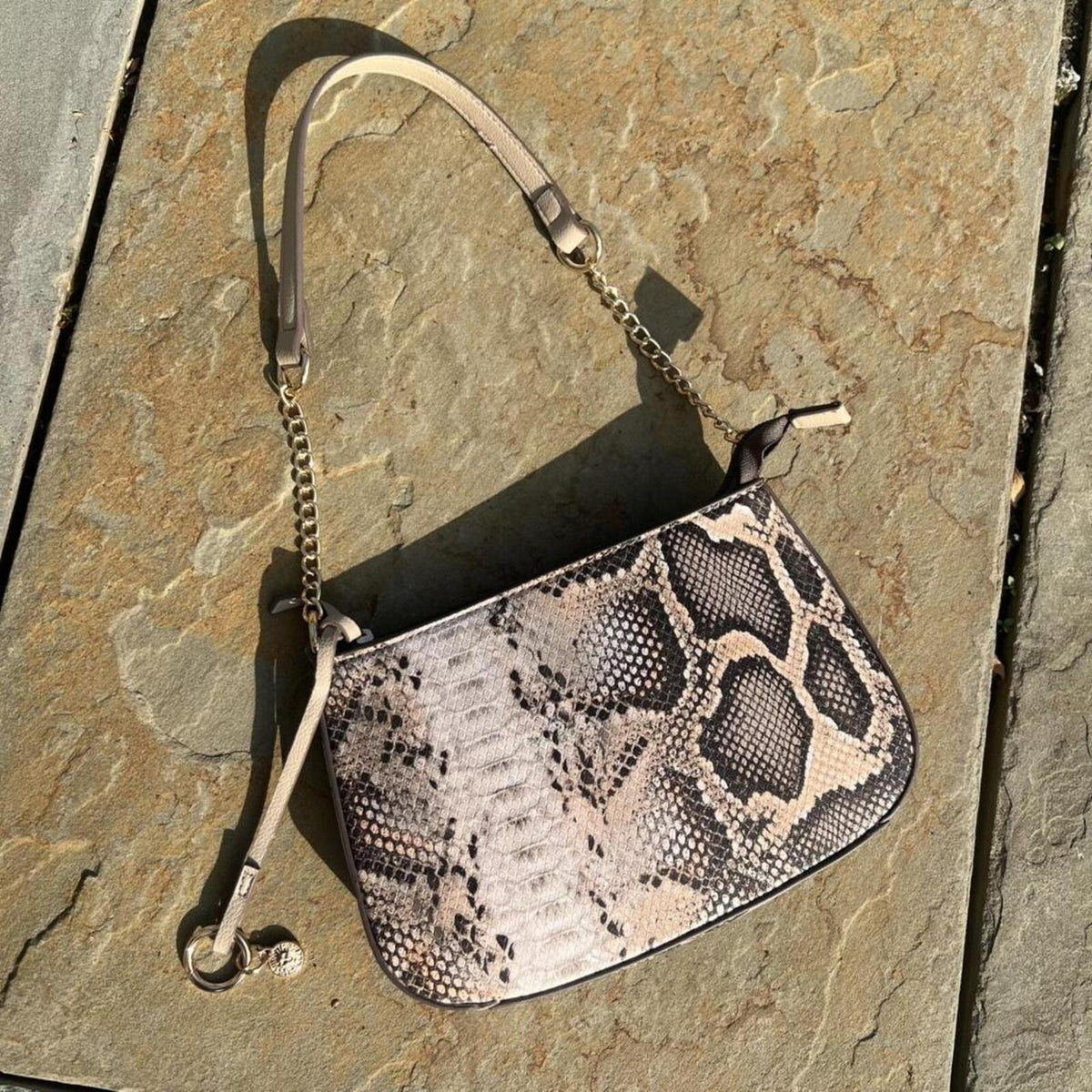 Tan Snake Print Leather Shoulder Bag