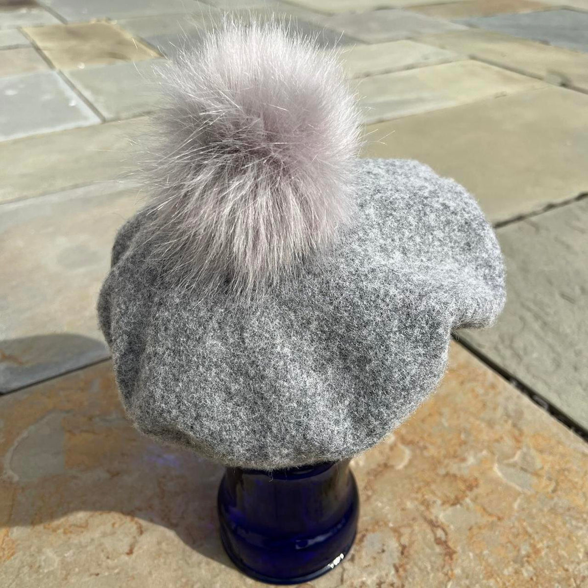 Wool Blend Grey Beret Poof Hat