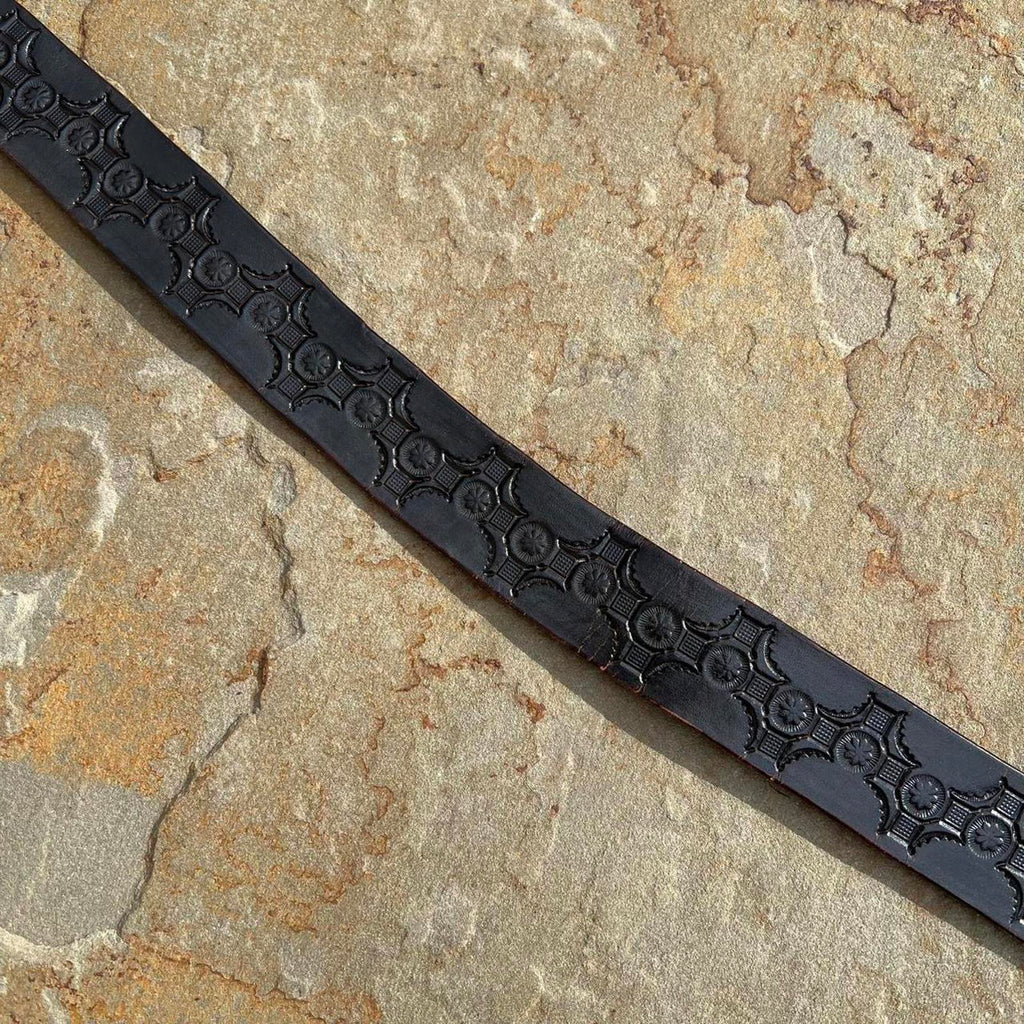 Vintage 70s Fishing Buckle Embossed Black Leather Belt
