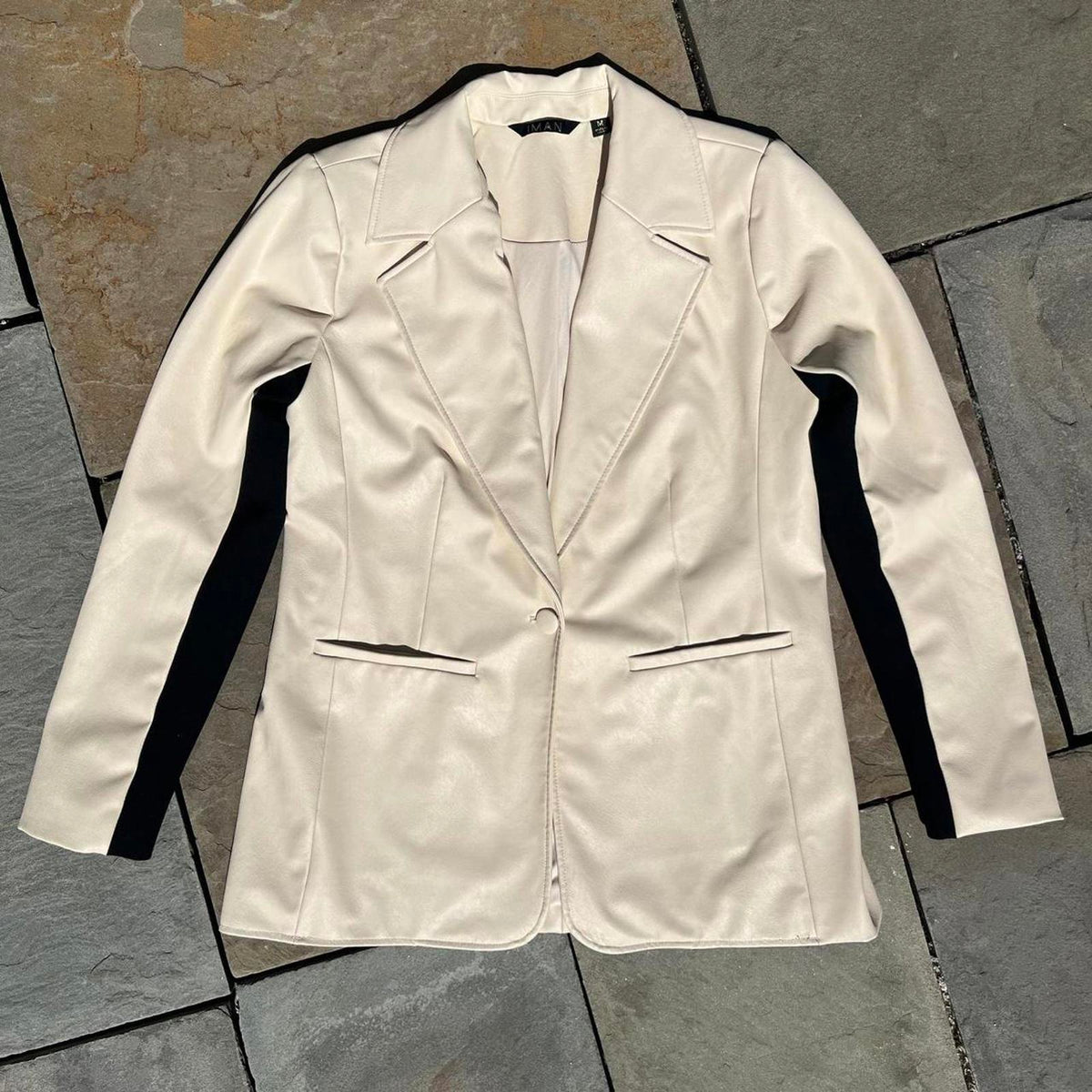 Cream Black Contrast Faux Leather Blazer Jacket
