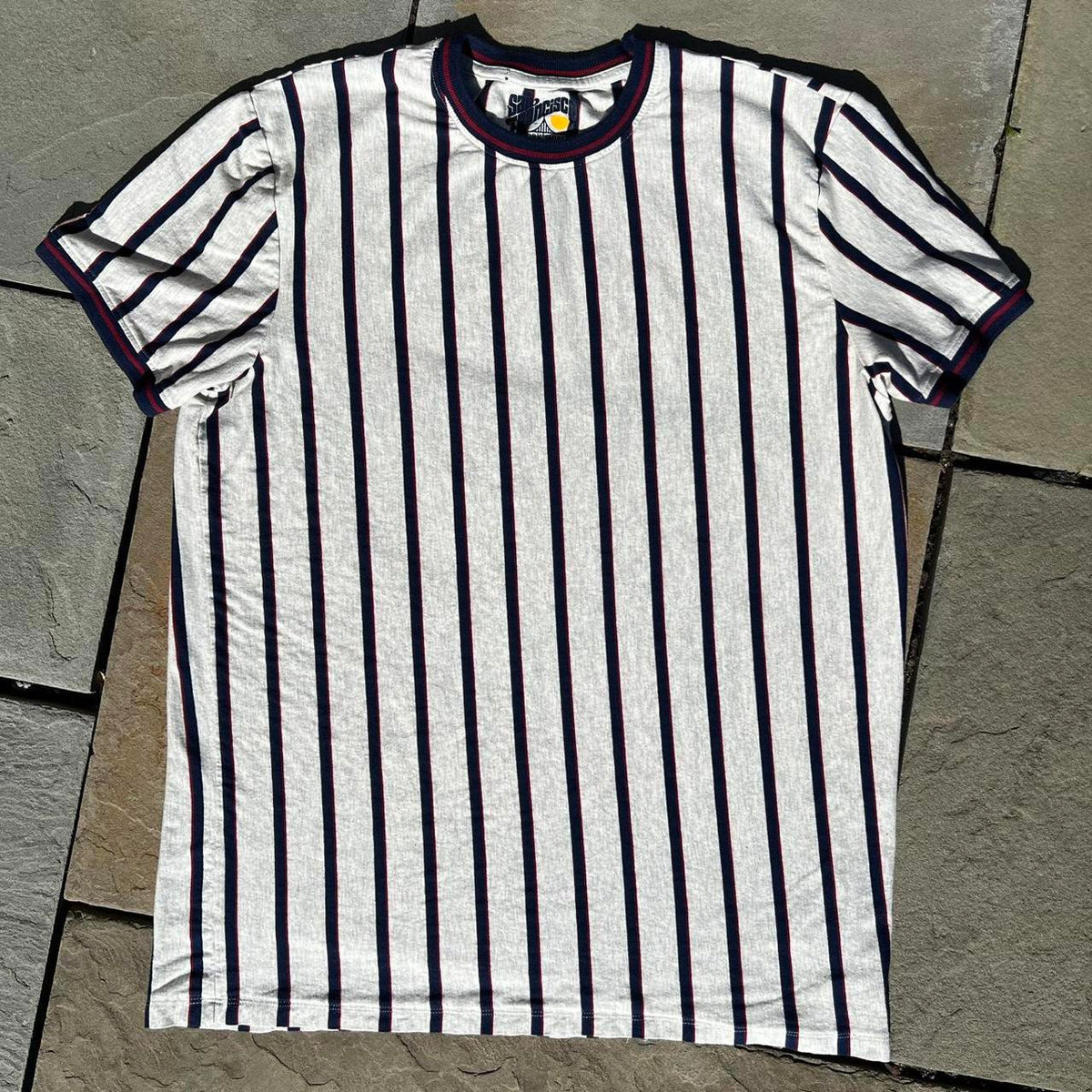 Vertical Striped Heather Grey Navy Red T-shirt