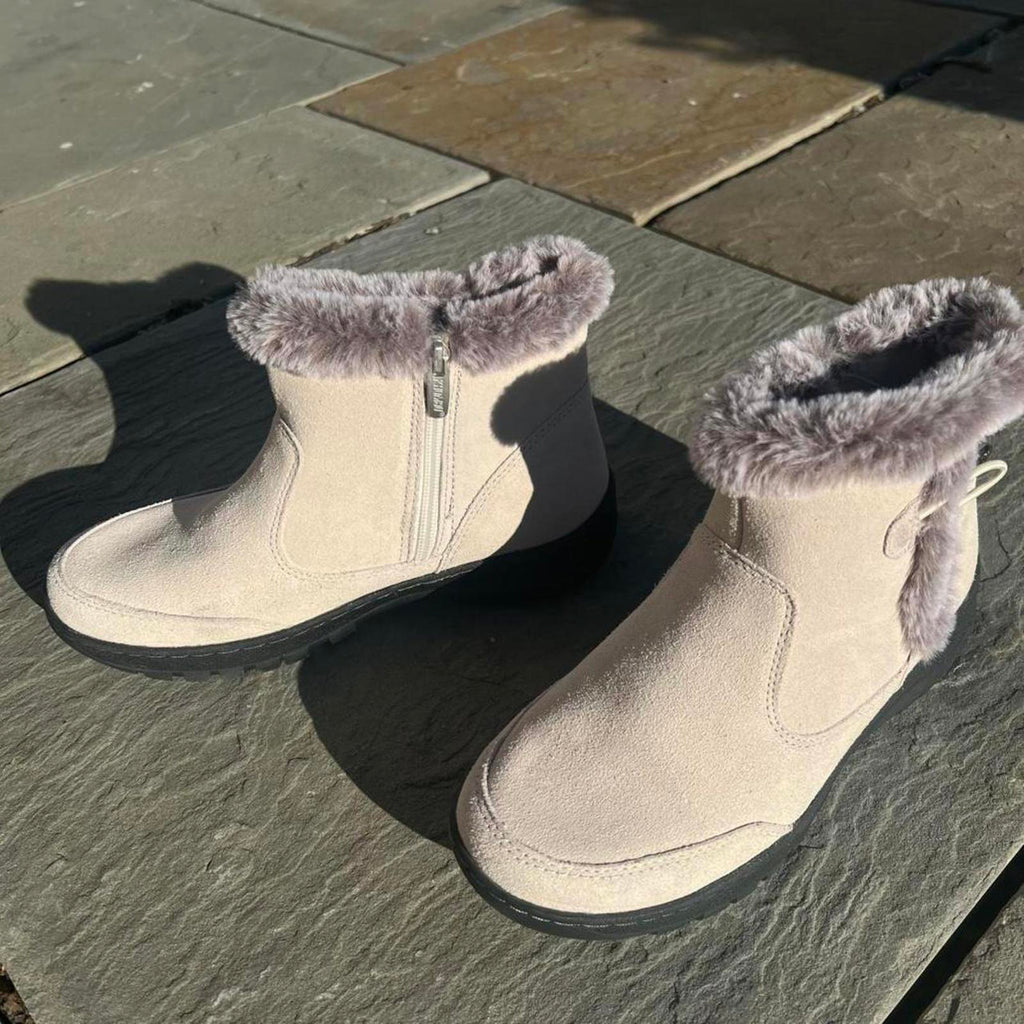 Cream Suede Faux Fur Collar Water Repellant Boots