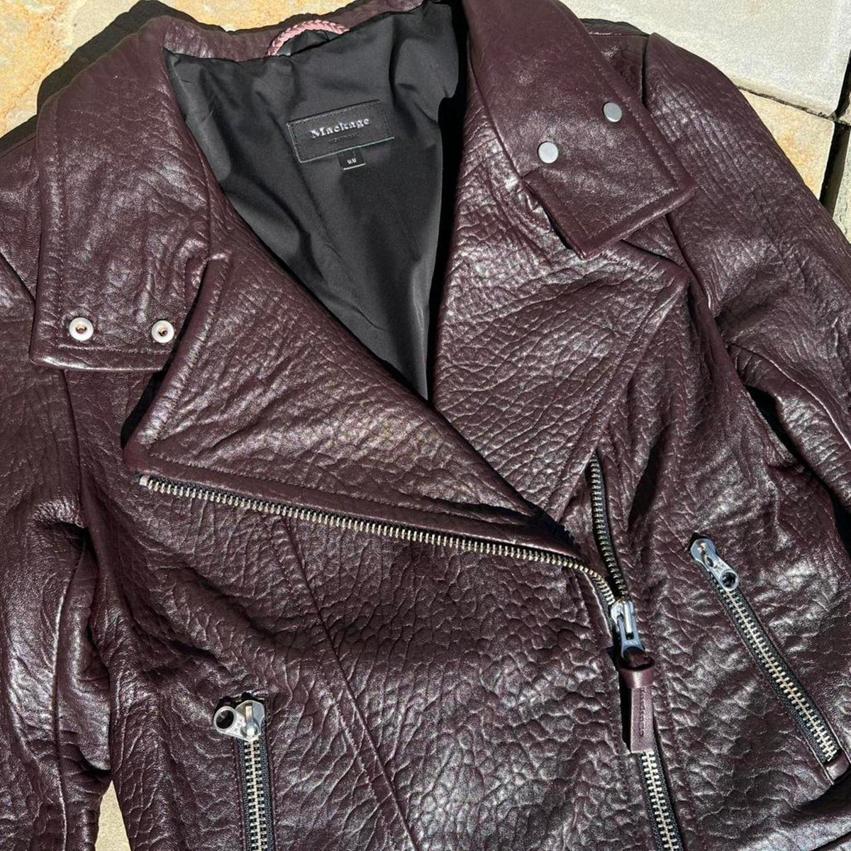 Mackage Montreal Burgundy Textured Leather Biker Jacket