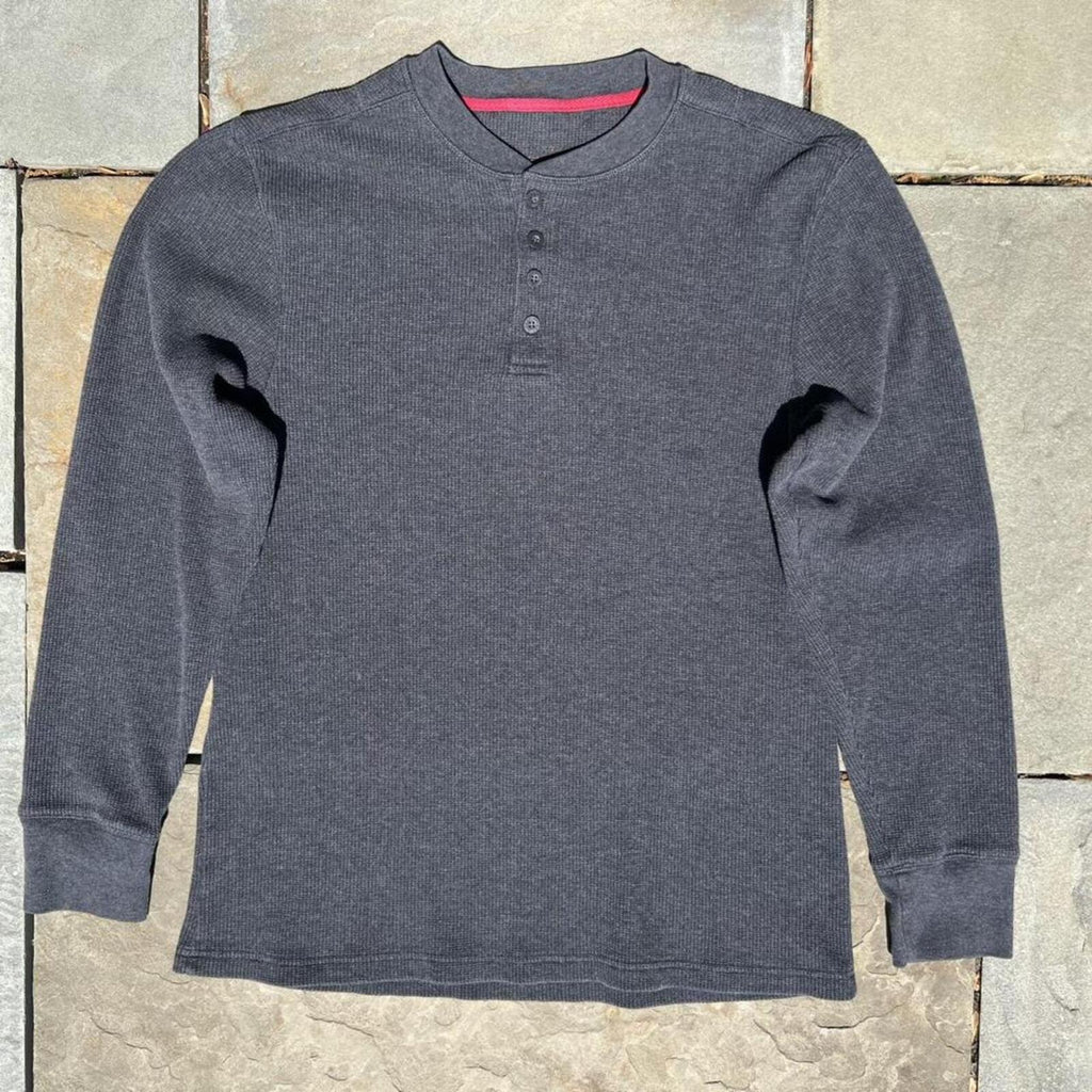 Neo Vintage Y2K Dark Grey Heather Waffle Knit Thermal Henley