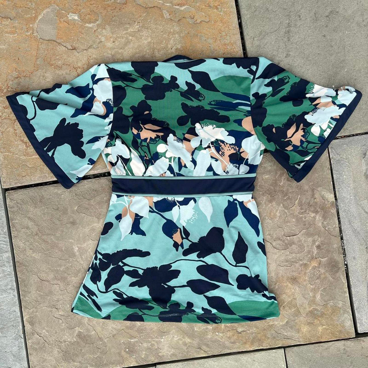 Teal Blue Floral V-neck Blouse