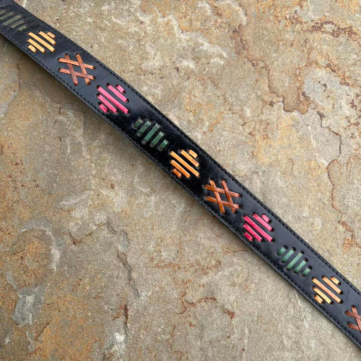 Neo-Vintage 90s Leather Multi-color Woven Design Black Belt