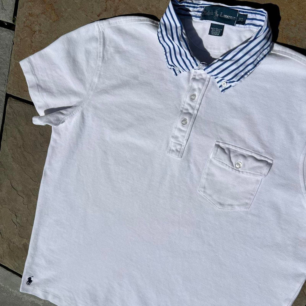 Y2K Polo by Ralph Lauren Poplin Stripe Collar Pique Polo