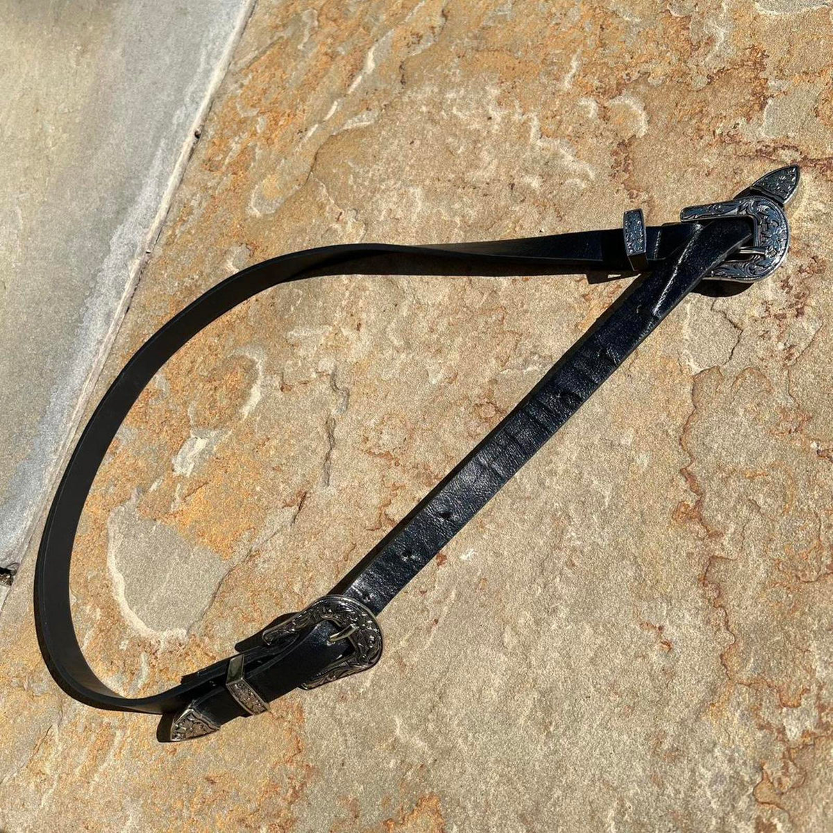 Black Double Buckle Black Faux Leather Metal Tipped Belt