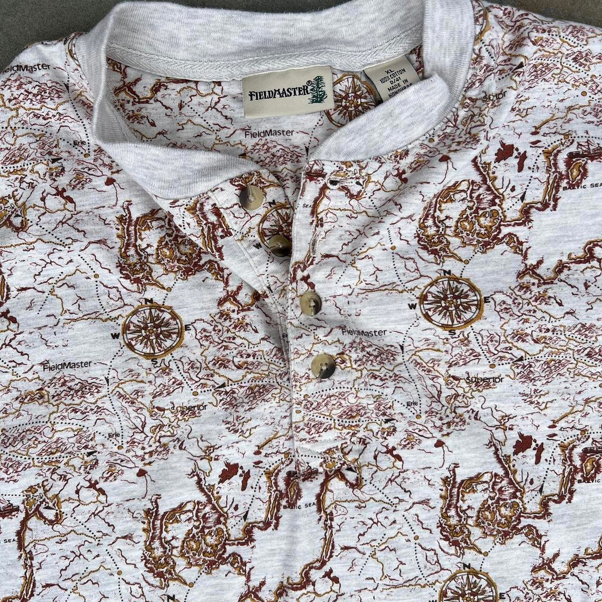 Y2K Compass Map Pattern Short Sleeve Henley T-Shirt