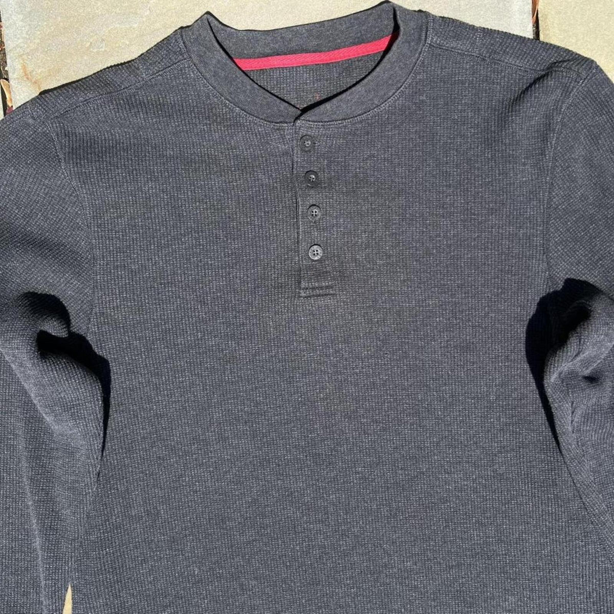 Neo Vintage Y2K Dark Grey Heather Waffle Knit Thermal Henley