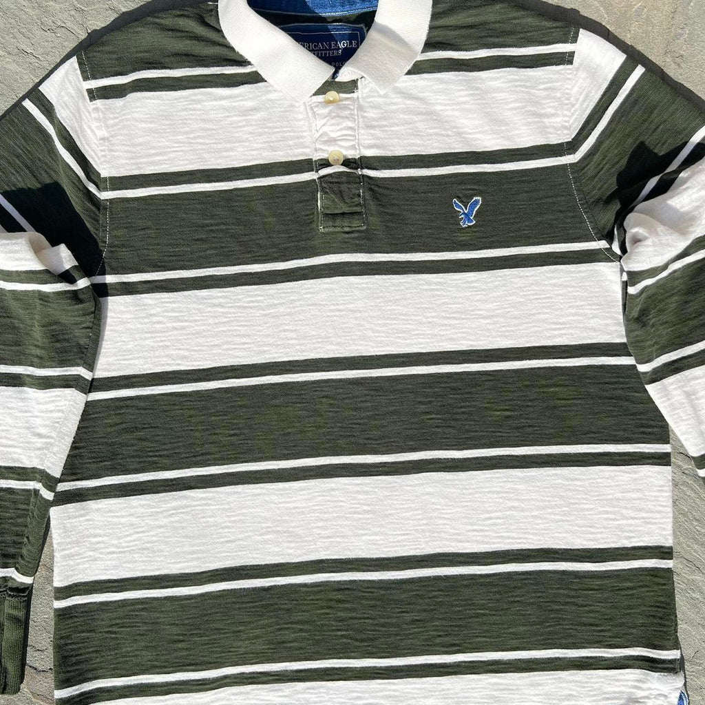 Green and White Thick Striped Slub Rugby Polo